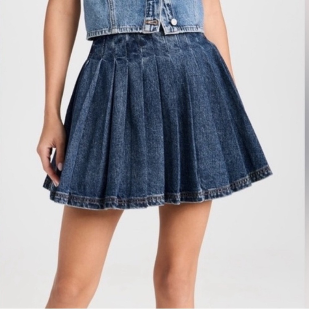 Self-Portrait Dark Blue Denim Pleated A-Line Skirt